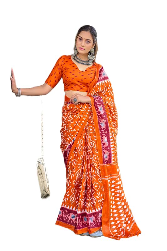 Handloom Ikat Pattern Pure Cotton Saree with Blouse Piece, Traditional Ethnic Attire for Festive, Office and Daily Wear-image-3