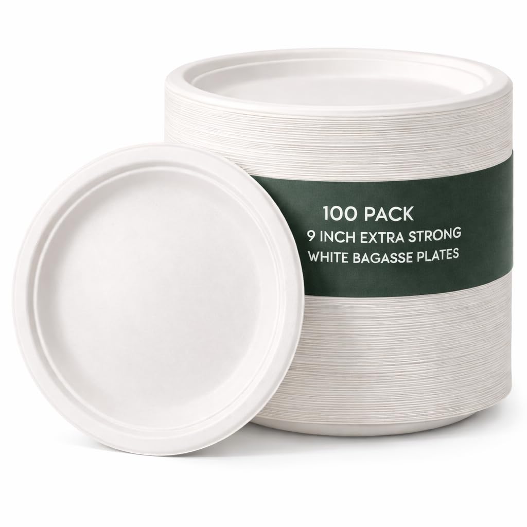 1ABOVE 100 Pack 9 Inch Extra Strong White Disposable Bagasse Plates – Compostable & Biodegradable Sugarcane Fibre Plates for BBQs, Weddings, Parties & Picnics