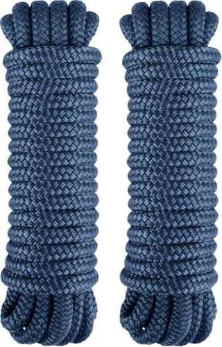 PACTHSD Double Braid 1/2 x 30 Boat Dock Lines (2-Pack) Nylon Boat Ropes for Docking with 12 Spliced Eye Heavy Duty Marine Rope Soft & Durable Boat Lines for Pontoon and Light Boat (Navy Blue)