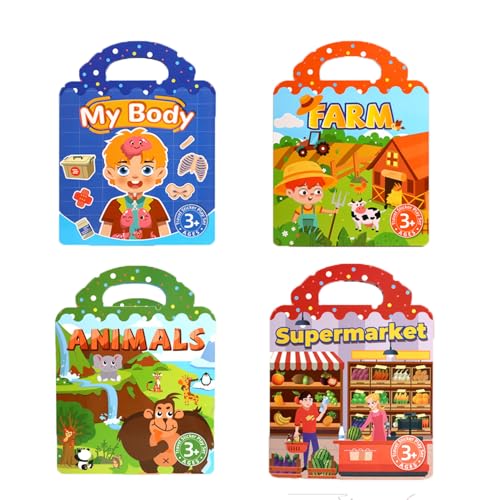 4 Sets Reusable Sticker Books for Toddler,Jelly Washable Sticker Books, Airplane Road Trip Travel Activity Toys for Toddlers 3-5 Years Old Girls & Boys