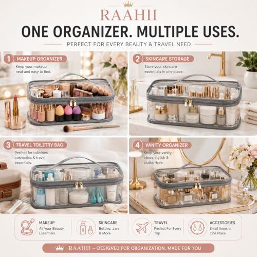 Image of RAAHII 2 Piece Transparent Makeup Organizer Bag for Women | Waterproof PVC Cosmetic Travel Pouch | Vanity & Toiletry Storage for Makeup, Skincare, Brushes & Accessories | Clear Organizer Case