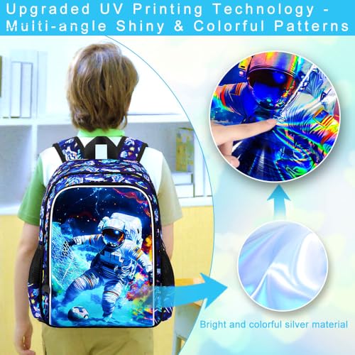 Image of HPJGD 3PCS Boys Astronaut Bookbag, Water Resistant Kids School Bag Set with Lunch Box, Cool Backpack for Elementary Preschool Toddler - Soccer Astronaut