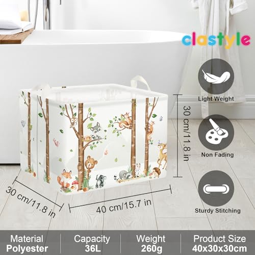 Image of Clastyle Woodland Nursery Animal Tree Baby Gift Storage Basket for Kid Room | Waterproof Large Dirty Clothes Book Gift Toy Organizer Bin, Nursery Playroom Bedroom Bathroom Shelf, Birch Tree Fox Bear