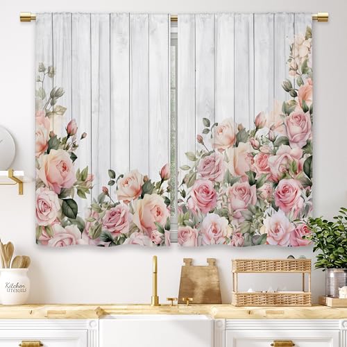 Laifzere Pink Rose Flower Kitchen Curtains Wooden Farmhouse Rustic Small Short Cafe Window Curtains Floral Country Rod Pocket Bathroom Window Drapes Treatment Tier Curtains 2 Panels (27.5x39 Inch)