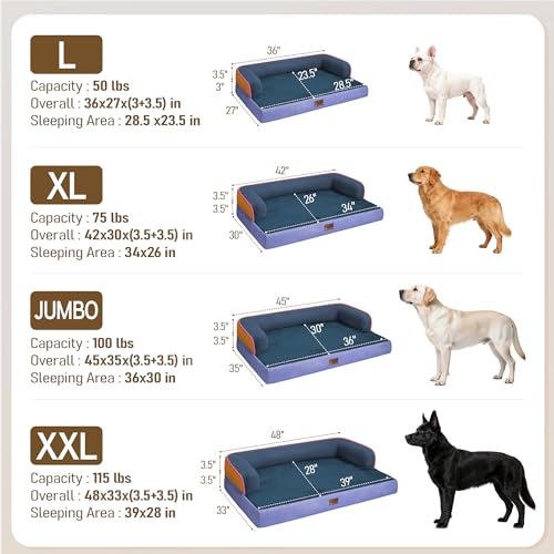 Image of Comfort Expression Washable Orthopedic Dog Bed for Extra Large Sized Dogs | Waterproof Memory Foam Pet Bed 42x30 Inch with Removable Cover with Non-Slip & Bolster