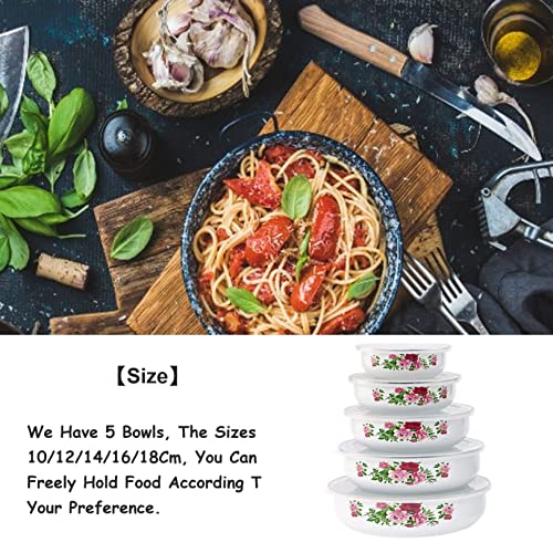 Tenbroman Salad Bowl Set Of 5, Enamel Bowl With Plastic Covers,5 Flower Pattern Food Containers,For Placing Ramen, Pasta, Soup, Fruit, Salad, Etc. (A) #TOP2