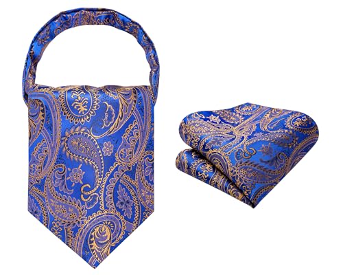 Image of HISDERN Ascot Ties for Men Paisley Floral Ascot and Pocket Square Set Classic Self Tie Mens Cravat Handkerchief for Wedding