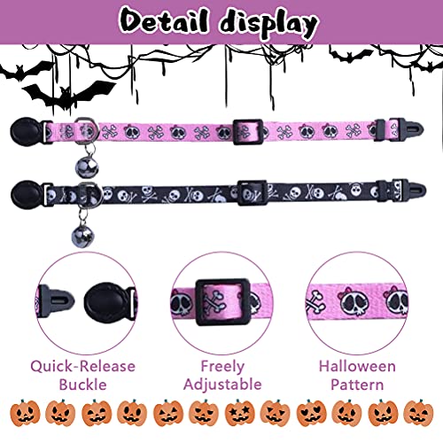 Pupteck Breakaway Cat Collar With Bell Charm, 2 Packs Adjustable Kitty Collars Pink & Black Skull Pattern #TOP2