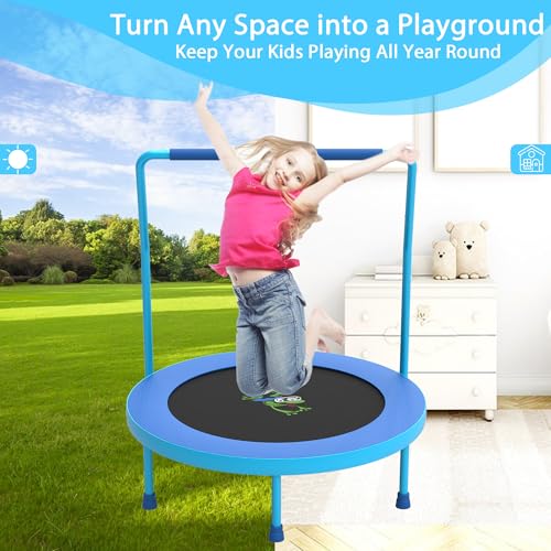 3FT Foldable Kids Trampoline, 36'' Indoor & Outdoor Mini Trampoline for Toddlers, Max Capacity 220 LBS, Adjustable Handlebar, Quiet & Safe Design