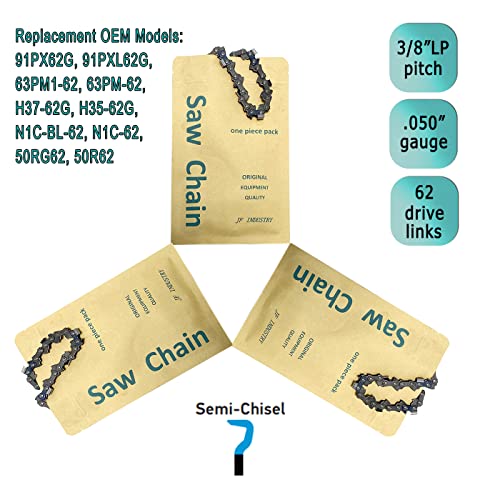 Jf(3 Pack) S62,18 Inch Chainsaw Chain, Pitch 3/8" Lp Gauge .050'', 62 Drive Links, Fits Craftsman/Sears, Echo, Homelite, Mcculloch, Ryobi, Poulan Pro, Jonsered, Remington And More #TOP1