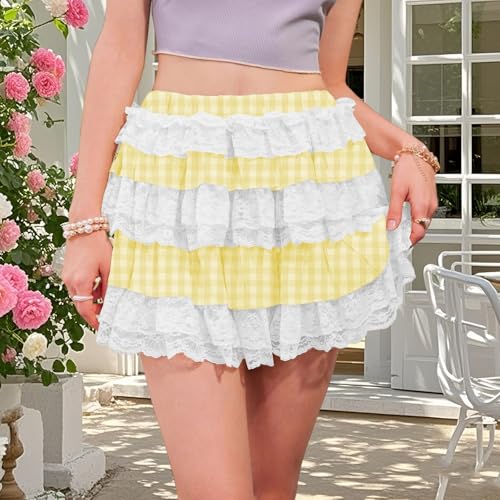 Women Lace Patchwork Mini Skirt Plaid Elastic Waist A-line Short Ruffle Skirt Y2k Summer Casual Streetwear4