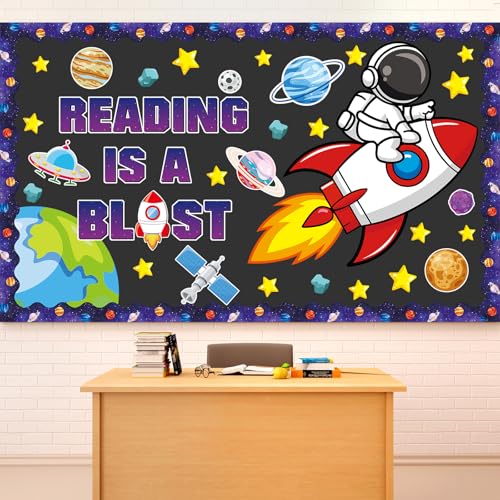 Outer Space Astronaut Bulletin Board Decorations Space Theme Classroom Bulletin Board Set Galaxy Borders Reading is A Blast Adventure Star Cutouts Back to School Preschool Chalkboard Wall Supplies