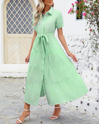 Image of Ladyful Women Striped Shirt Maxi Dress Short Sleeve Tie Waist Long Dress