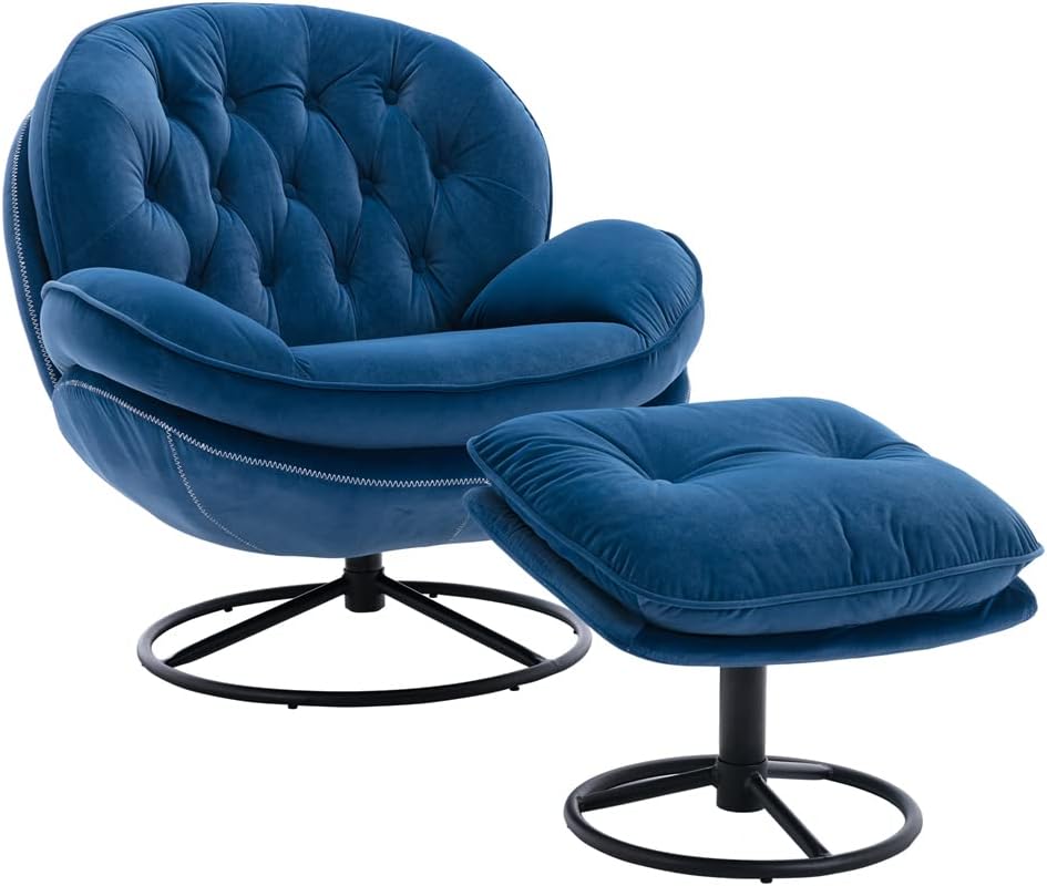 Velvet 360 Degree Swiveling Accent Chair with Ottoman Set, Modern Lounge Sofa Chair with Metal Base Frame & Footrest, Comfy Single Leisure TV Chair Reading Chair for Living Room and Office, Blue