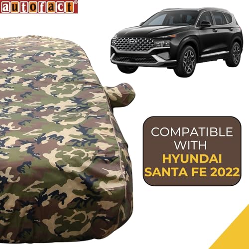 Image of Autofact 100% Waterproof Car Body Cover Compatible with Hyundai Santa Fe 2022, with Mirror Pockets, 4 x 4 American Matty, Long Lasting Strong Durable Material, Camouflage Army Look