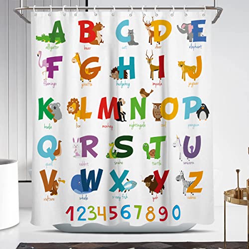 Coxila Kids Shower Curtain Cute Funny Boys Girls ABC Alphabet Learning Educational Colorful Animals Children Baby Toddler Math Fun Cartoon School 60 x 72 Inch Polyester Fabric 12 Pack Plastic Hooks
