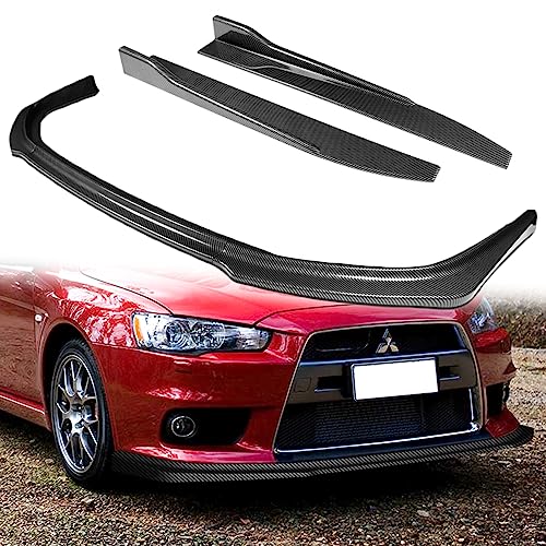 Q1-TECH, 5-Piece Front Bumper Lip + Side Skirt Rocker Winglet Canard Diffuser Wing Compatible with 2008-2015 Mitsubishi Lancer Evolution EVO X, Front Lip Spoiler Body Splitter (Painted Carbon)