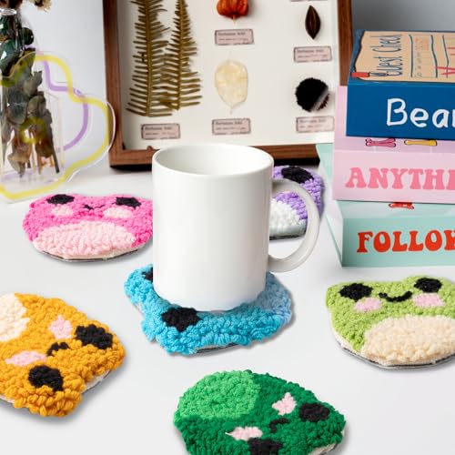 Image of WATINC Frog Punch Needle Coaster Kit - 22Pcs Crafts Punch Needle Coasters Kits for Beginners, Frog Patterns Coaster Tufted Rug Pads with Adhesive Felt Yarns Embroidery Hoop Instruction