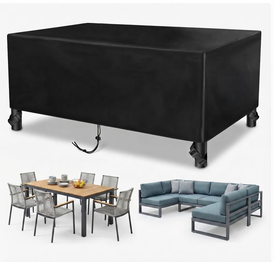 AJALGZ Garden Heavy Duty Table Covers Rectangle Outdoor 325x315x105 cm Garden Furniture Covers for Outdoor Sofa, Waterproof Windproof Black Patio Furniture Protector with Drawstring Windproof Buckle