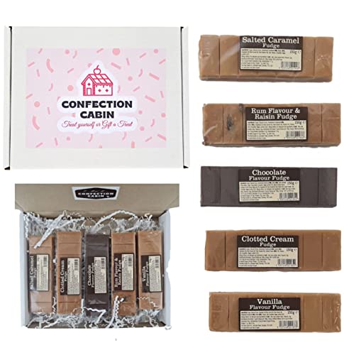 Fudge Gift Set in 5 Flavours (5 Bars x 130g) - Salted Caramel Rum and Raisin Chocolate Vanilla and Clotted Cream Bars | Selection Box Stocking Fillers Birthday Gift