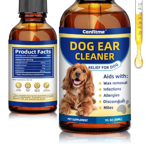 canfitme Dog Ear Cleaner, Dog Ear Drops for Infection Treatment, Natural Herbal Ear Cleaning Solution for Itching, Irritation & Wax Build-Up, Gentle Cleaning - 1 Oz Bottle with Dropper