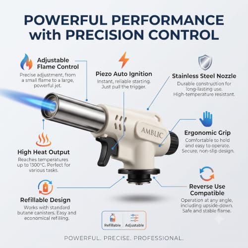 Image of Professional Kitchen Butane Torch Lighter, Refillable Blow Torch for Cooking, Adjustable Flame Creme Brulee Torch, Reverse Use for BBQ, Baking, Soldering & Camping (Butane Gas Not Included)