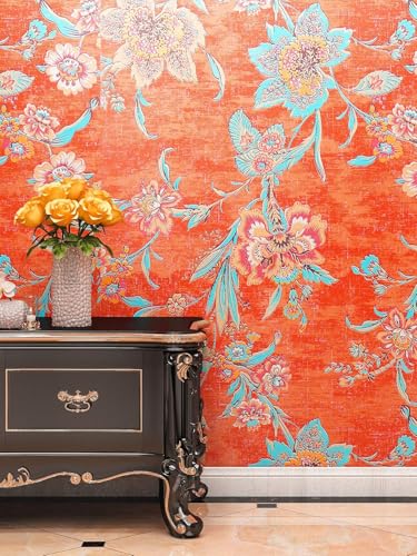 FunStick Papel Pintado Tropical Autoadhesivo Naranja Rojo Papel Adhesivo para Muebles Flores Tropicales Vinilo Adhesivo Pared Comedor Dormitorio Naranja Rojo Pegatinas Pared Flores Baño 44.5CM×3M