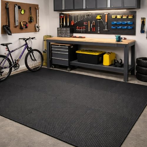 Image of EASY HOME Interlocking Gym Mats for Floor, Home Rubber Workout Mat, EVA Foam Exercise Mat- 60x60cm - 12mm Thick, Black (Pack of 12-48 Square Foot)
