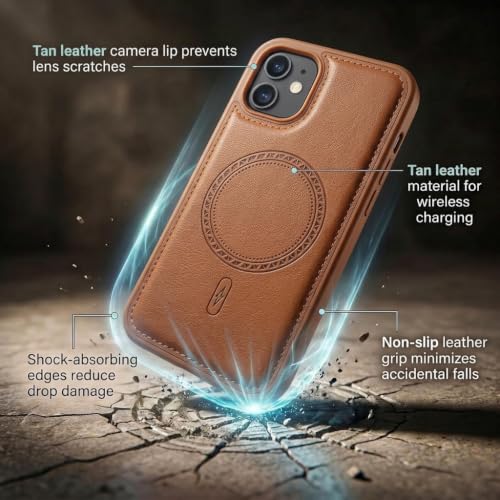 Image of amazon basics Premium PU Leather Case for iPhone 11, MagSafe Compatible Magnetic Ring, Sleek Protective Back Cover - [Tan]