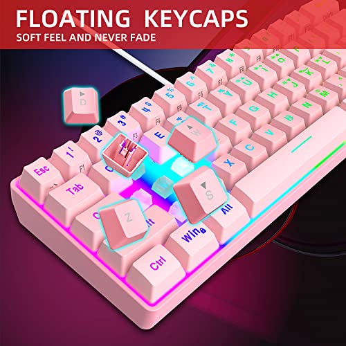 Image of Snpurdiri 60% Wired Gaming Keyboard, 61 Keys RGB Backlit Ultra-Compact Mini Gaming Keyboard for PC /Mac Gamer, Typist, Travel, Easy to Carry on Business Trip(Pink) | Backlit Ultra-Compact Mini Gaming Keyboard for PC /Mac Gamer, Typist, Travel, Easy to Carry on Business Trip