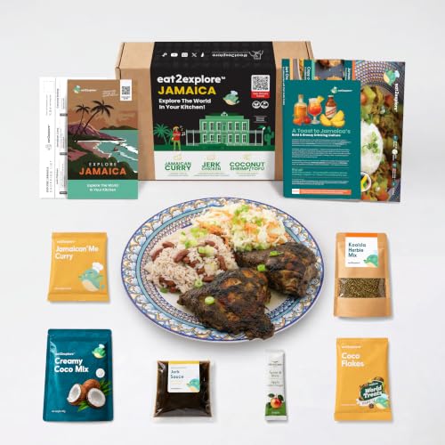 eat2explore Global Cooking Kit - Authentic Recipes Essential Spices Cultural Fun & Expert Drink Pairings - Perfect for Date Night & Dinner Parties for Everybody (JAMAICA edition)