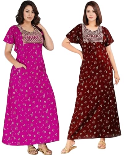 Image of Women's Cotton Jaipuri Nighty Gown - Pack of 2 Rajasthani Print Maxi Night Dress with Pocket - Soft & Comfortable Ladies Sleepwear & Loungewear