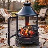 RUODATONLY Feuertonne mit Grillplatte und Funken-Schutz – Feuerstelle Outdoor im Retro-Look, 3 Grillhöhen, kippstabil, ideal als Terrassenofen