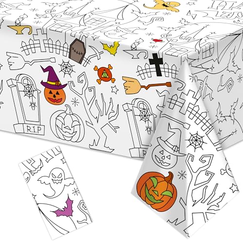 Labeol 1 Pack Halloween Tablecloth 108x 54 Halloween Coloring Tablecloth for Kids Pumpkin Ghost Bat Castle Coloring Table Cover for Winter Party Arts and Crafts