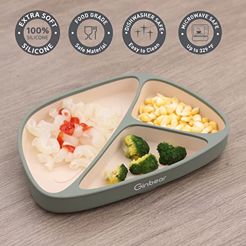 Ginbear Suction Plates For Baby Boy, Liquid Silicone Plates For Toddlers Self-Feeding, Stay Put Baby Dishes For Easy Feeding (Dark Sage/Ivory) #TOP5