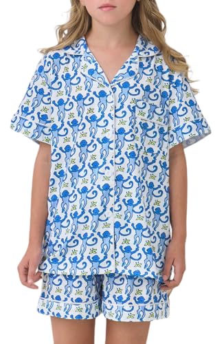 SLPTIMISO Girls Summer Outfit,Kids 2 Piece Button Down Monkey Loungewear Beach Shorts Set Preppy Animals Lounge Pjs Blue