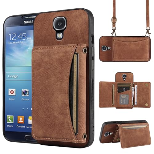 Phone Case For Samsung Galaxy S4 Wallet Cover with Crossbody Shoulder Strap and Leather Credit Card Holder Pocket Slim Stand Cell Accessories Mobile Flip Purse S 4 4S GS4 I9500 Women Girls Brown