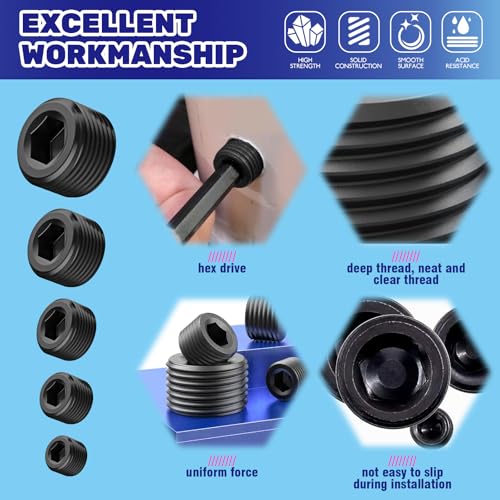 30 Pcs Carbon Steel NPT Pipe Plugs Assortment Kit 1/8" 1/4" 3/8" 1/2" 3/4" Internal Hex Thread Socket Pipe Plug for Sealing Pipe Port - Image 5