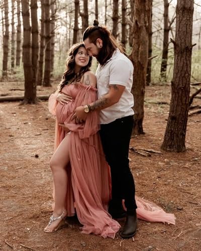 Verngo Tulle Maternity Dress for Photoshoot Long Sleeve Off Shoulder Slit Pregnancy Gown Baby Shower Dresses4