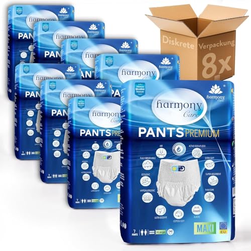Harmony Care® MAXI absorbantes couches adultes – discrètes Protection urinaire pour homme et femme – Culotte Incontinence Pants, taille XL – pack de 56...