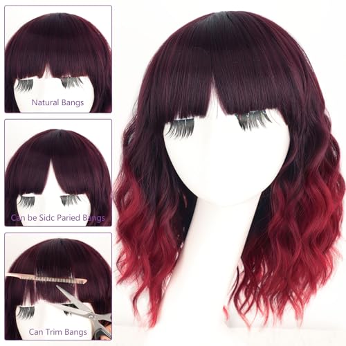 Image of AISI HAIR Synthetic Wavy Curly Bob Wig with Bangs Ombre Dark Red Short Hair Wigs for Women Synthetic Heat Resistant Bob Wigs
