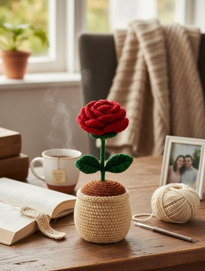 Image of Handmade Crochet Sunflower Pot - Eco-Friendly Knitted Flower Plant, Perfect Decorative Piece for Home, Office Table & Gifting Purpose (Maroon)