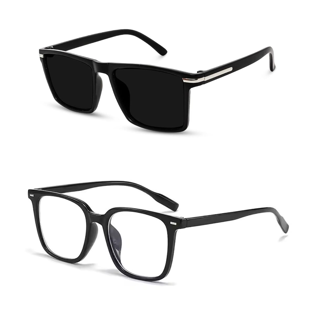 Black Retro Square Sunglasses and Glasses, Black Frame Combo Pack- UV Protected-image-19