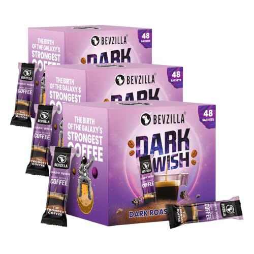 Image of Bevzilla 48 Black Roast Dark Instant Coffee Powder Sachets /Pouches- 96 Grams(Dark Wish Coffee) | Dark Roast Arabica Coffee | Bold & Intense (Pack of 3)