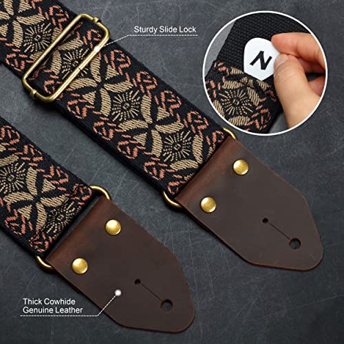 Image of Nefelibata Guitar Strap,Jacquard Embroidery Cotton Guitar Straps with Crazy Horse Leather Leather Ends for Bass, Electric & Acoustic, Best Gifts for Kids, Guitarists(Golden embroidery)