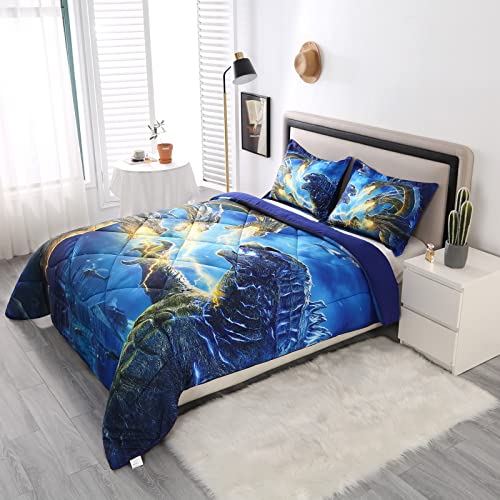 Encoft Godzilla Comforter Set,Flying Dragon Bedding Sets 3D Print Godzilla Blue Comforter Set 3 Pieces With 2 Pillow Cases (Full, Blue) #TOP2