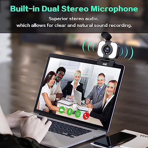Webcam 4K, Webcam mit Mikrofon, FHD Facecam Streaming-Webcam mit Ringlicht, Stativ, Abdeckung, Web Kamera für PC Laptop Desktop Mac, Kamera PC für Live-Streaming, Videoaufnahme, Telearbeit, Konferenz – Bild 7
