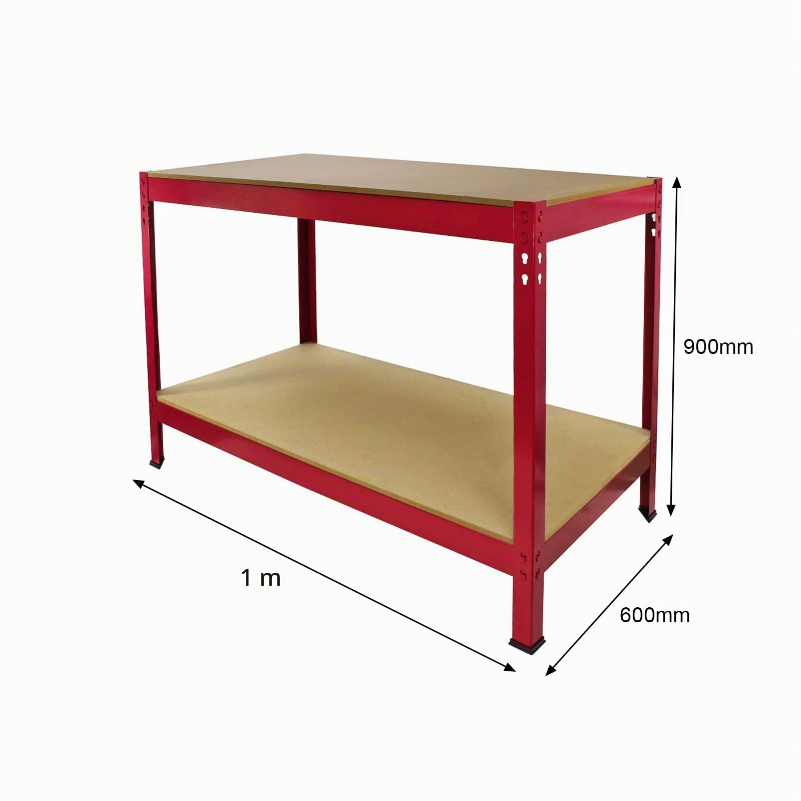 Mesa Trabajo Metálica Q-Rax Sin Tornillos Roja 90x100x60cm Banco Trabajo Taller Garaje Bricolaje Red Metal Workbench Estante Ajustable Altura con Capacidad 200kg + Pies de Goma Protectores Gratis