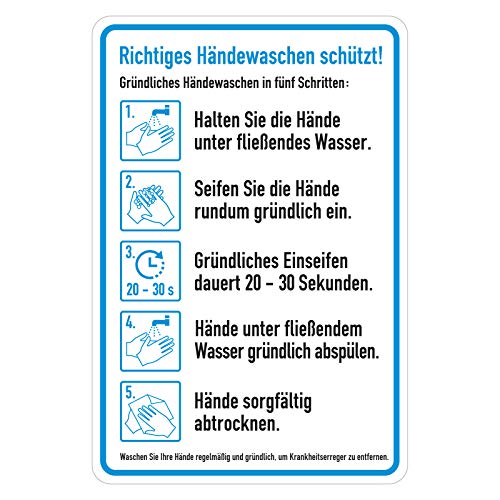 Hinweisschild Anleitung Aufkleber Richtiges Händewaschen schützt!, Folie selbstklebend, 200 x 300 mm Hygieneplan, Handhygiene