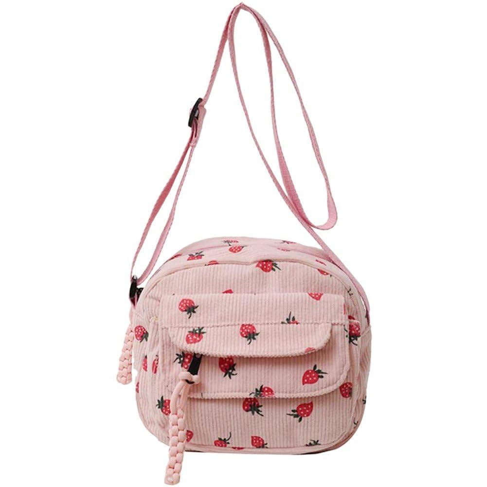 Baokuan Women's Pink Cute Strawberry Crossbody Bag Corduroy Messenger Bag Casual Zipper Underarm Bag For Girls Travel Work